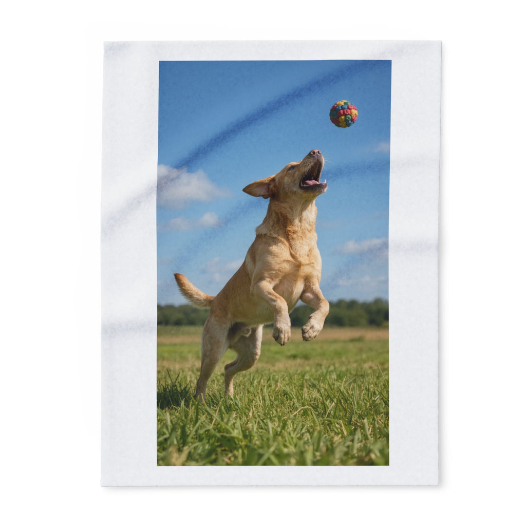 Playful Labrador Photo Fleece Blanket — Colorful Ball Jumping Dog Throw