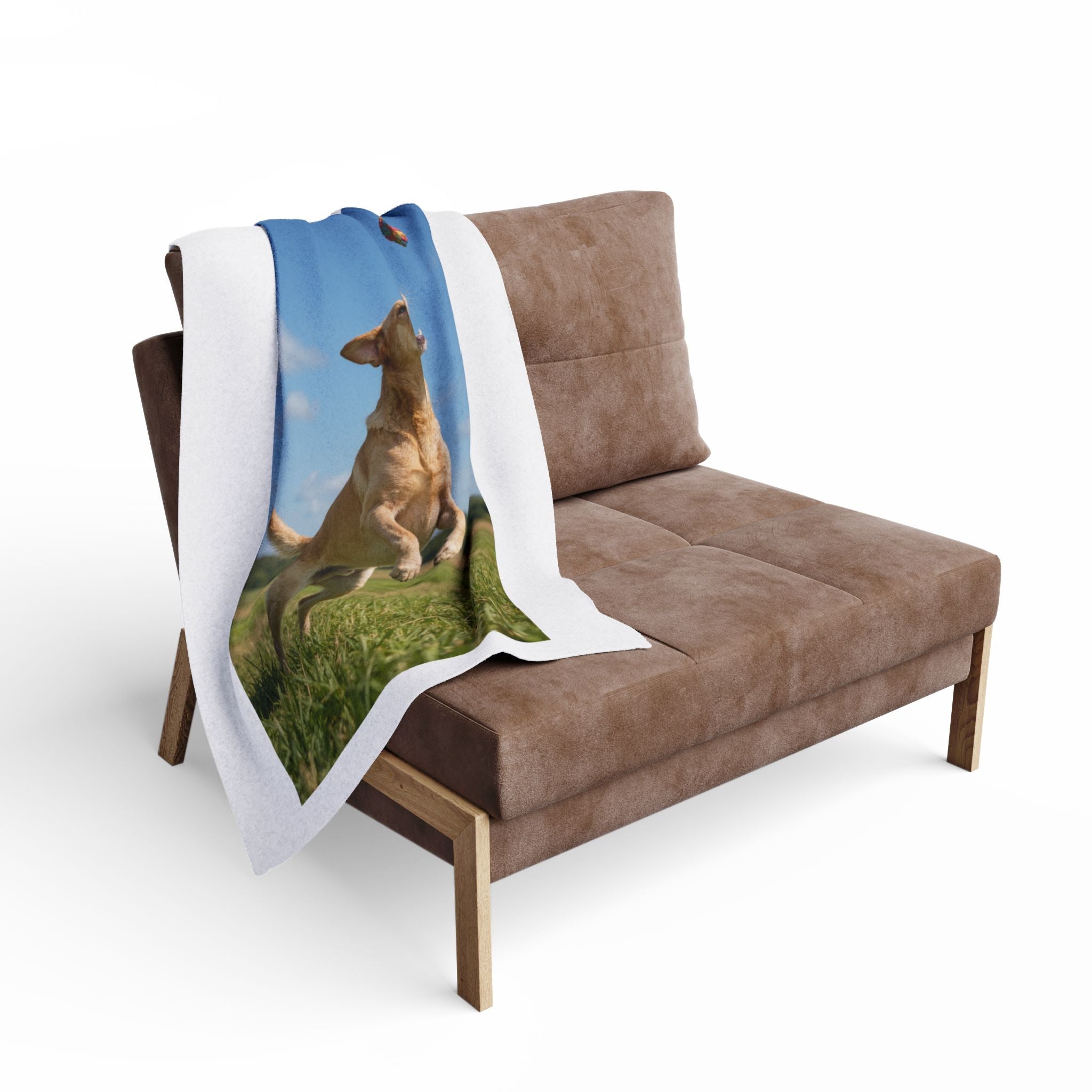 Playful Labrador Photo Fleece Blanket — Colorful Ball Jumping Dog Throw