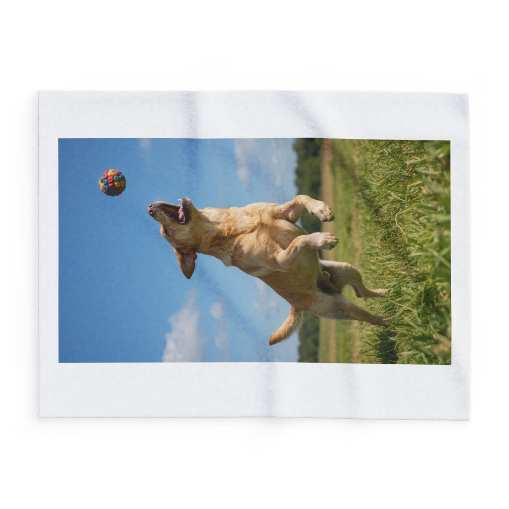 Playful Labrador Photo Fleece Blanket — Colorful Ball Jumping Dog Throw